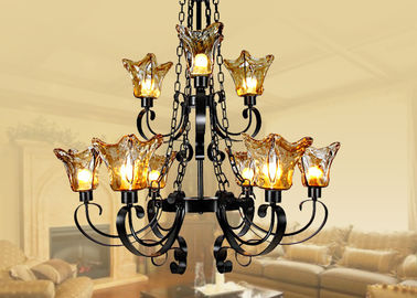 Komersial Dekorasi Amber Kaca Chandelier Hotel Large 9 Cahaya dengan Rantai Adjustable