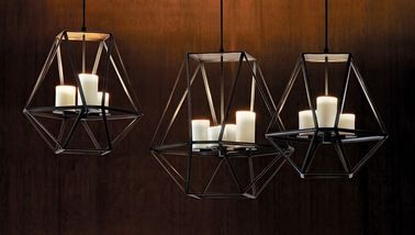 Kaca Candle dalam Led Chandelier Lampu, lebar Black Iron Cage Pendant Lamp